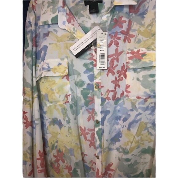 NWT Investments Blouse Tie Front Roll Sleeves Mauve Green Blue Yellow White Sz3X - Picture 4 of 6